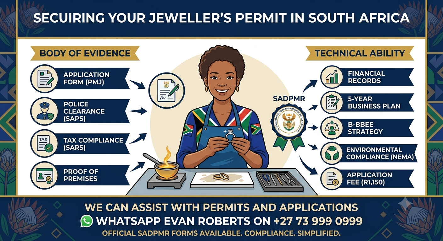 An educational infographic detailing how to secure a Jeweller’s Permit in South Africa from the SADPMR. The graphic features a central cartoon illustration of a South African female jeweller working at a workbench with gold rings and tools. Flowcharts on the left highlight the required "Body of Evidence" (Form PMJ, SAPS Police Clearance, SARS Tax Compliance, Proof of Premises). Flowcharts on the right detail "Technical Ability" requirements (Financial Records, 5-Year Business Plan, B-BBEE Strategy, NEMA Environmental Compliance, and R1,150 Application Fee). The bottom banner includes a call to action: "We can assist with permits and applications. WhatsApp Evan Roberts on +27 73 999 0999."
